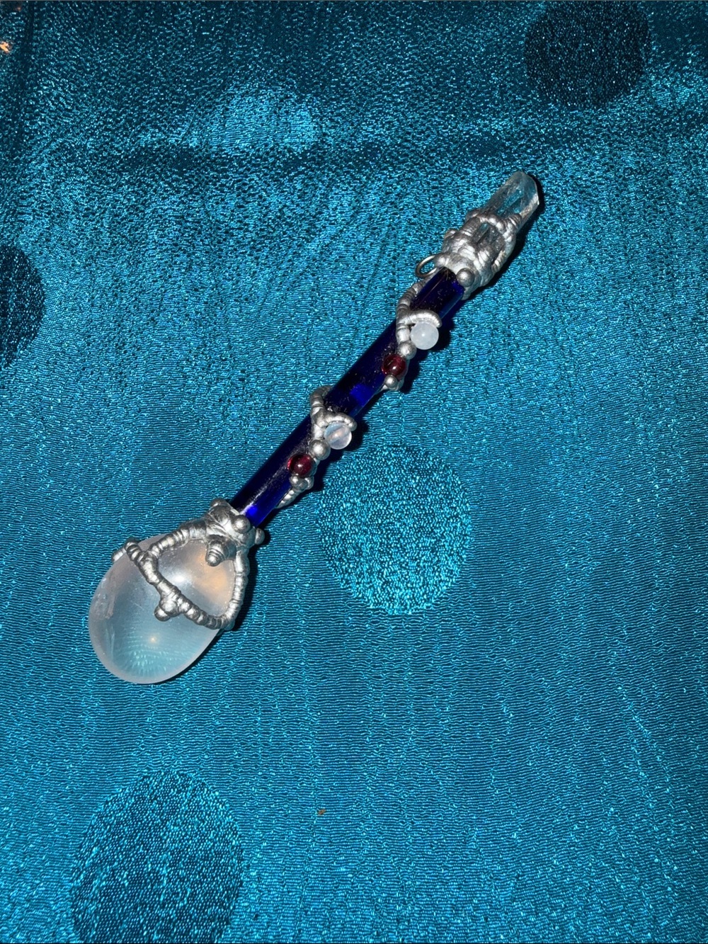 Blue Glass Wand Pendant with pink quartz, and blue glass Teardrop pendant